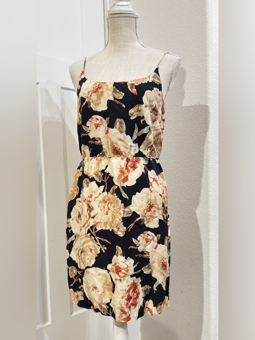 VTG J.Crew 100% Silk Graphic Floral Slip Dress 2 Black Beige Camisole Y2K